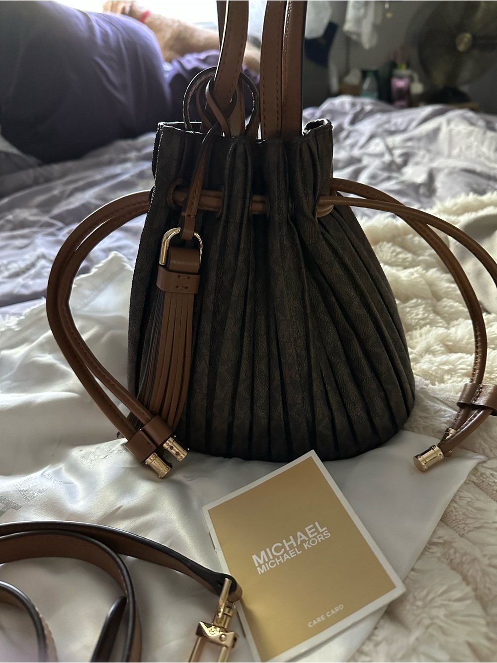 Michael Kors Dark Brown Pleated Drawstring Bucket Bag with Tan Trim